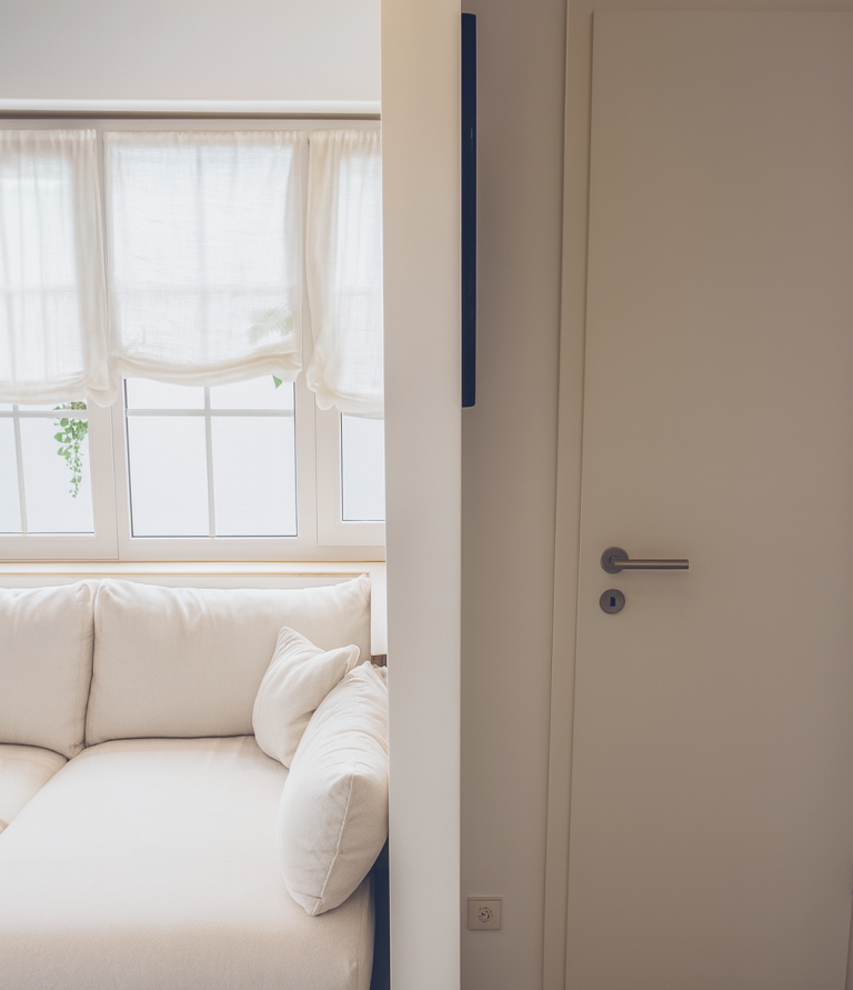 Wohnzimmer mit Sofa und Fensterfront neben geschlossenem Garderobenraum