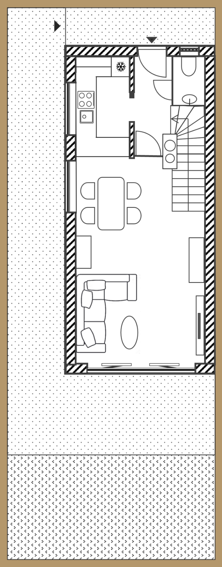 Vorher: Klassischer Grundriss ohne Gartenbezug Grundriss des Erdgeschosses vor dem Umbau: abgetrennte Küche, schmaler Flur, Wohnbereich zur Südseite, lange Wege zur Terrasse.