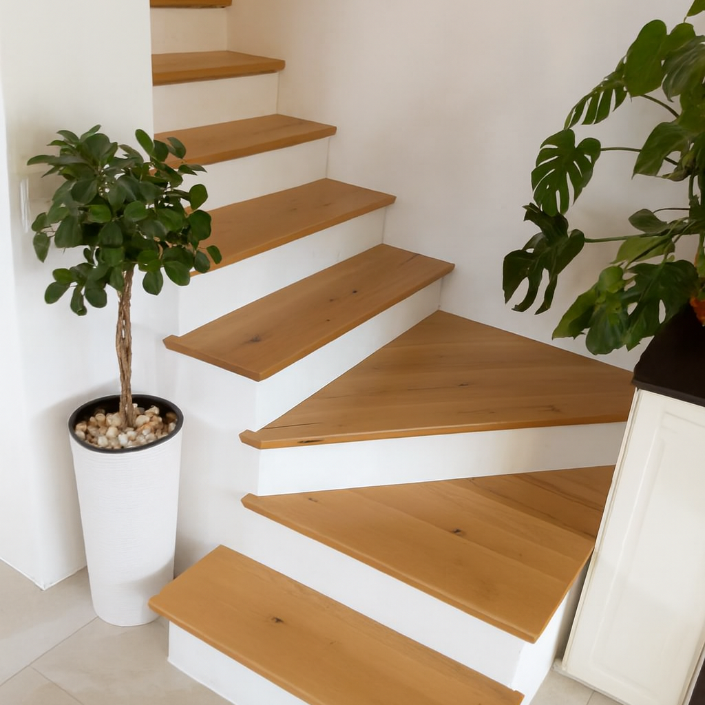 Helle Holztreppe mit weißen Setzstufen und Pflanzenarrangement