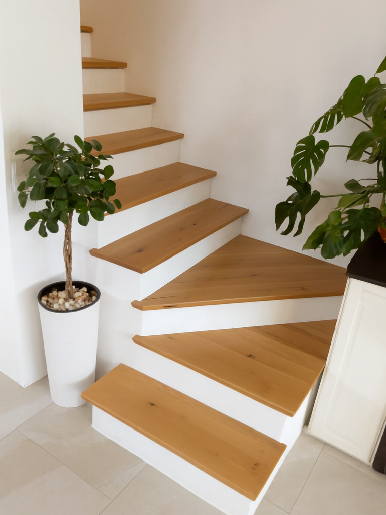 Nachher – gedrehte Treppe im neuen Design Neu gestaltete Holztreppe mit harmonischem Verlauf, Pflanzen und offener Raumwirkung